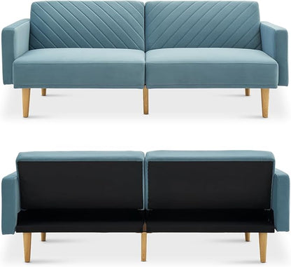 mopio 76.4" Futon Sofa Bed, Couch, Loveseat, Sleeper Sofa, Mid Century Modern Futon Couch, Sofa Cama, Couches for Living Room (Sky Blue Premium Velvet)