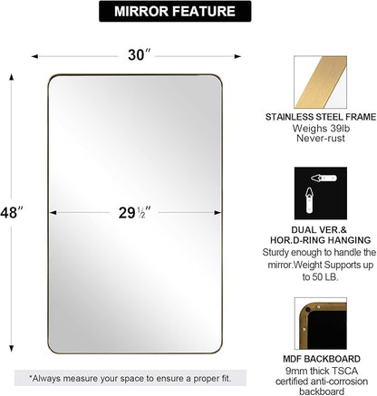 ANDY STAR 30"x48" Brass Gold Bathroom Mirror, Large Wall Mirror for Bathroom, Rounded Rectangle Mirror in Premium Stainless Steel Metal Frame Hangs Horizontal Or Vertical (Brushed Gold)