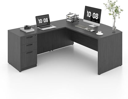 82.67" x 66.93" Bow Front L-Shaped Executive Desk with 3-Drawer File Cabinet (Gray)
