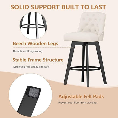 MINCETA Bar Stool, PU Leather Barstool, 26 Inch Upholstered Counter Stool with Low Tufted Back and Footrest, Swivel Counter Height Barstool for Kitchen Island Home Bar White