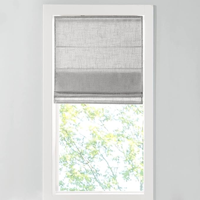 Madison Park Kyler Cordless Roman Shades - Single Panel, Lightweight Linen Blend Fabric, Natural Design, Easy Installation, Light Filtering Window Blind, Bedroom, Living Room Decor 35" W x 64" H Grey