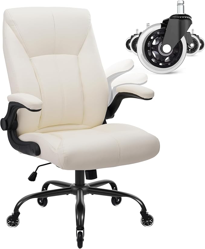 Big and Tall Office Chair for Heavy People, Executive Desk Computer Chair Adjustable Flip-up Armrests for Women, PU Leather Swivel Task Chair with Ergonomic High Back and Lumbar Support (White)
