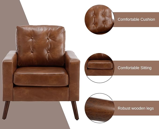 PU Accent Arm Chair with Tufted Back, Faux Leather Comfy Upholstered Single Sofa, Mid Century Modern Side Club Chair with Wood Legs for Reading/Living Room/Bedroom, Caramel