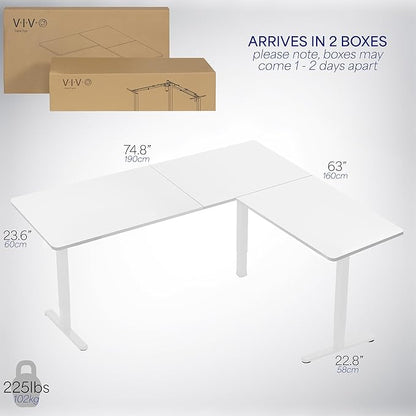 VIVO Corner Standing Desk, 75 x 63 inch Reversible L-Shaped Workstation, Electric Height Adjustment, Home, Office, and Reception Rooms, White Table Top White Frame, DESK-E3CTW-75
