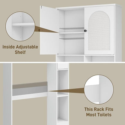Vabches Over The Toilet Storage Cabinet, Rattan Storage Cabinet Over Toilet with 2 Doors & Toilet Paper Holder Stand, Freestanding Toilet Shelf Space Save with Anti-Tip Design Adjustable Shelf, White