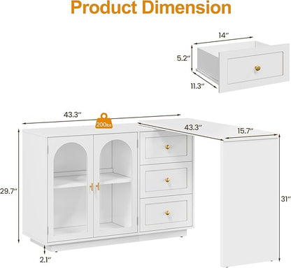 RoyalCraft L Shaped Home Office Desk, Large Extendable and Rotatable Desk with 3 Drawers and 2 Doors, Corner Computer Desk, Modern Study Writing Table for Bedroom, Home Office, White