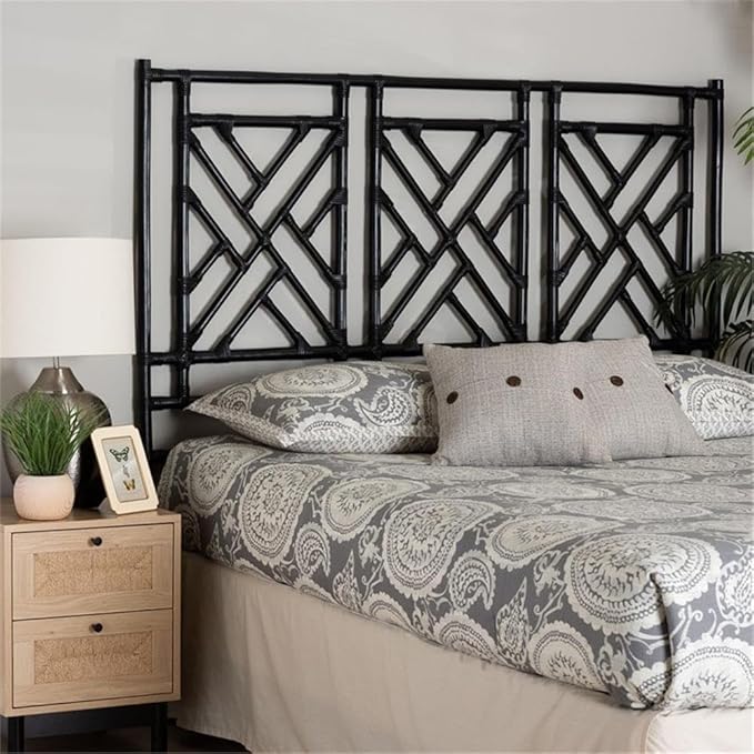 Pemberly Row Bohemian Black Natural Rattan King Size Standalone Headboard
