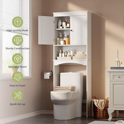 Gizoon Over The Toilet Storage Cabinet with Adjustable Shelf and Double Doors, Bathroom Space Saver Organizer Above Toilet with Open Shelf, Taller Wooden Free Standing Toilet Rack -White