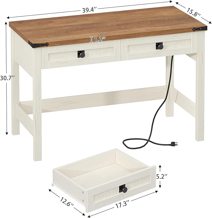 Farmhouse Computer Desk with 2 Drawers, 39 Inch Small Office Computer Desk with Power Outlets, Compact Writing Study Desk for Small Spaces, Antique White