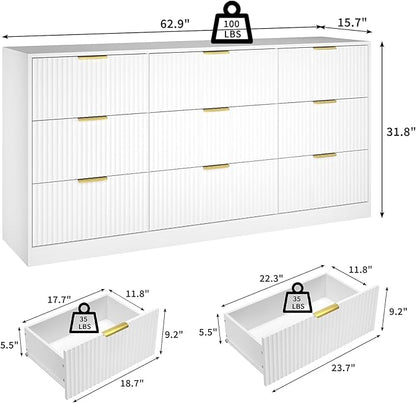 White Dresser for Bedroom with 9 Drawers, 63” Wide White Fluted Dresser Modern Chest of Drawers with Gold Handles, Wooden TV Stand Storage Organizer for Bedroom, Living Room