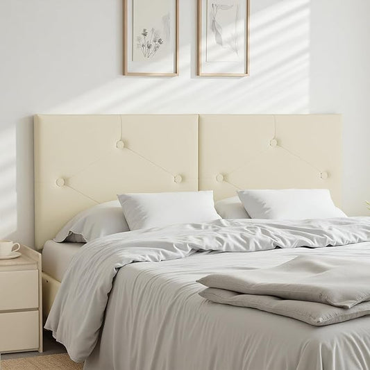 Modern Queen Headboard, Upholstered Faux Leather Bed Headboard with Solid Wood & Sturdy Metal Legs, Tufted Adjustable Height Headboards in Button Design, Beige