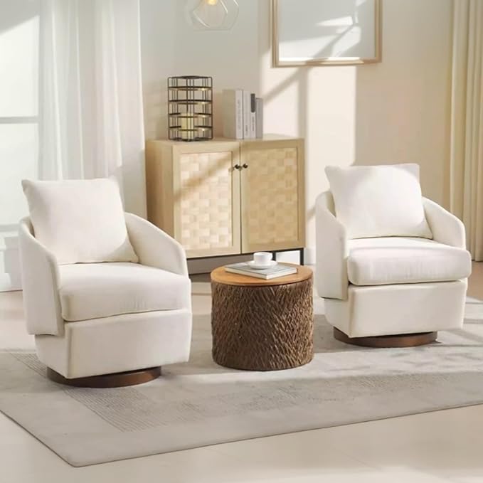 CIMOTA Swivel Accent Chairs Set of 2, Modern Barrel Armchairs with 360° Swivel Base and Pillow, Upholstered Fabric Club Chairs for Living Room/Reading/Office, Beige