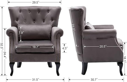 chairus Mid-Century Modern Accent Chairs Set of 2, Comfy Tufted Single Sofa Chair Wingback Armchair with Pillow for Club, Living Room, Bedroom - Velvet, Grey