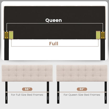 KOMFOTT Linen Upholstered Headboard for Full & Queen Size Bed Frame, Tufted Button Bed Headboard with Solid Rubber Wood Legs, Rectangular Headboard with Adjustable Width, Beige