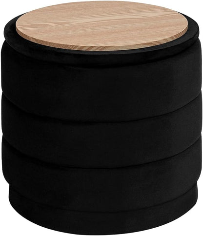 PINPLUS Round Velvet Ottoman Tray, Black Upholstered Decorative Accent for Footstool or Coffee Table, Removable Serving Surface