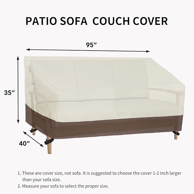 Easy-Going Waterproof Outdoor Couch Cover, Heavy Duty 3-Seater Patio Sofa Cover, Winchdproof Outdoor Furniture Cover with Air Vent (95Wx40Dx35H inch, Beige/Dark Brown)