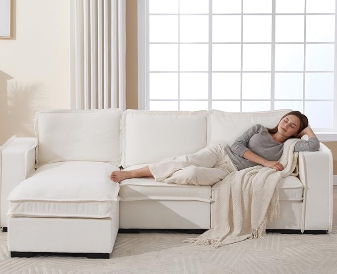 EALSON 93" Modular Sectional Sofa Comfy Cloud Couch with Ottoman Modern Convertible L Shape Couches with Wooden Legs Linen Deep Seat Couch 4-Seater Sofa for Living Room/Apartment, White