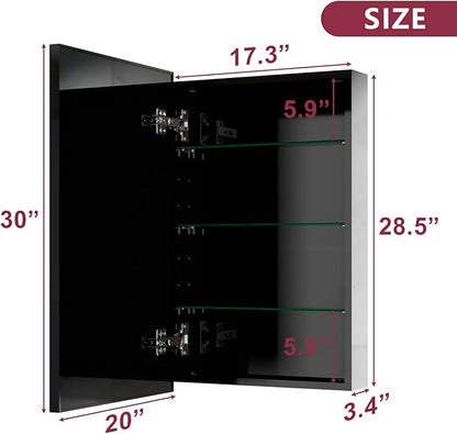 Black Medicine Cabinet Mirror, 17x30 Inch Bathroom Mirror with Storage and Adjustable Shelves, Recessed or Surface Wall Mount Medicine Cabinets for Bathroom,Tempered Glass