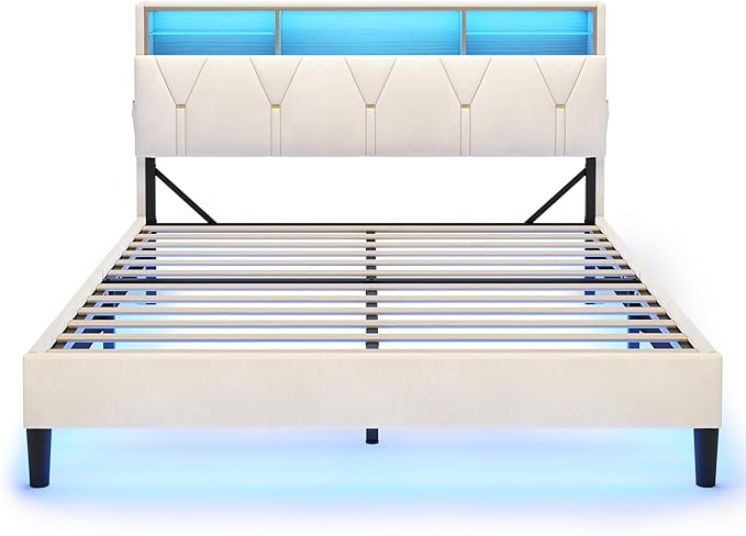 LED Full Bed Frame with Type-C & USB Charging Station, Full Size Bed Frame with Storage Headboard, Modern Velvet Upholstered Platform Bed with Shelf Headboard, Noise-Free, Creamy White