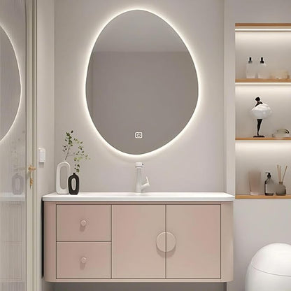 56IN Pink Modern Bathroom Vanity - Bathroom Vanities Set with 2 Drawers Wall Mounted | Rounded Corner Smart Defogging Mirror Cabinet with Lighting & Time Display, Side Opening Storage Shelf (Style B)
