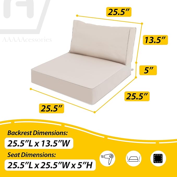 AAAAAcessories Outdoor Deep Seat Cushions, Waterproof, Fade-Resistant Patio Furniture Replacement Cushions, 25.5" x 25.5" x 5" + 25.5" x 13.5", Set of 2, Khaki Beige