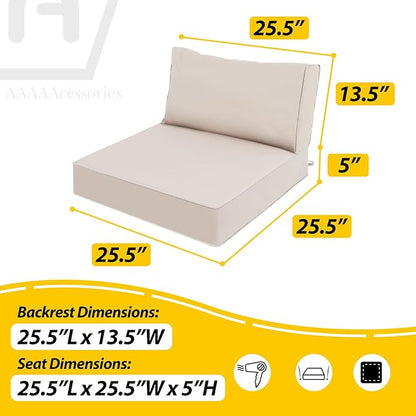 AAAAAcessories Outdoor Deep Seat Cushions, Waterproof, Fade-Resistant Patio Furniture Replacement Cushions, 25.5" x 25.5" x 5" + 25.5" x 13.5", Set of 2, Khaki Beige