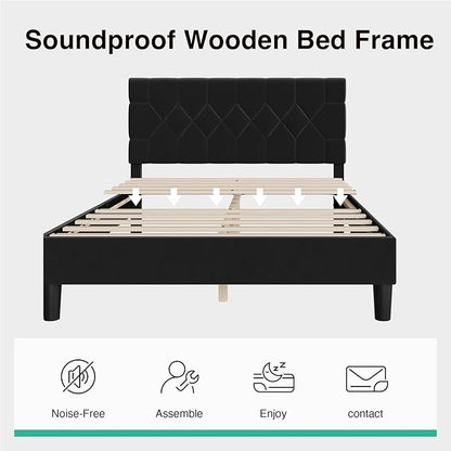 Novilla Queen Bed Frame with Headboard, Bed Frame Queen Size with Wood Slats Support, Velvet Upholstered Pull-Point Headboard, No Box Spring Needed, Heavy Duty Feet, Easy Assembly, Black Velvet