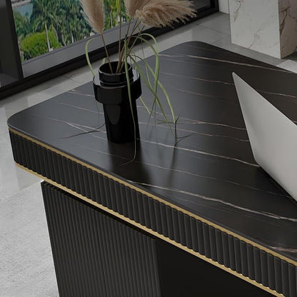 RUNNUP Stone top Computer Desk with 5 Drawers, Rectangular Home Computer Desk Writing Desk, Modern Executive Desk, Without Chairs, Black, 63" L x 23.5" W x 29.5" H