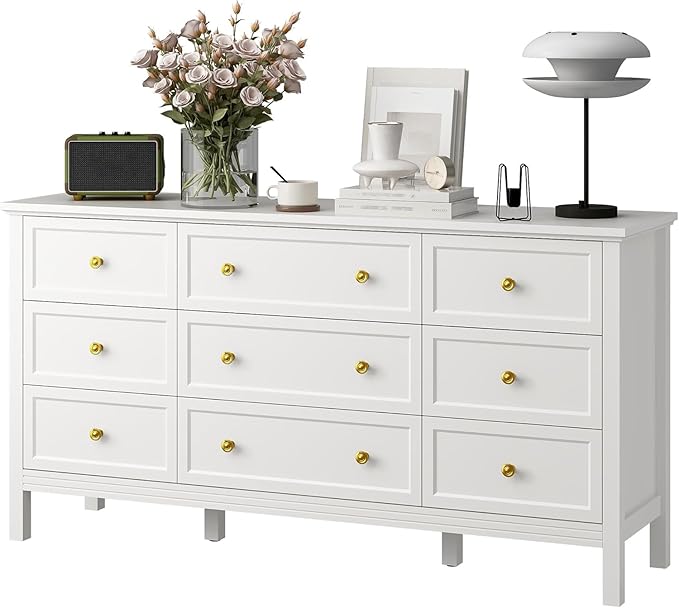 LYNSOM White Dresser for Bedroom with 9 Drawers, Modern Wide Chest of Storage Drawer with Gold Handles, TV Stand Dresser, Wood Dressers for Bedroom, Living Room, Hallway, Entryway, 59’’