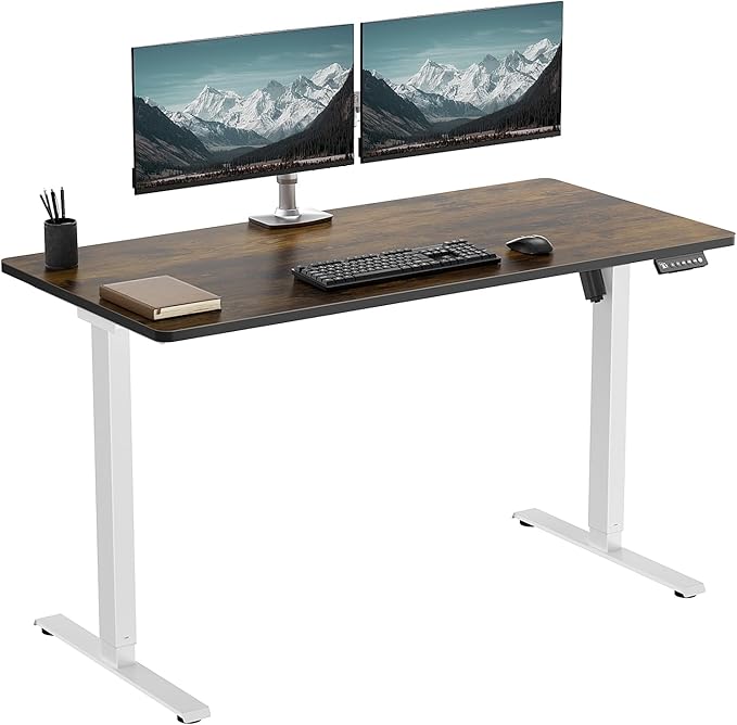 One-Piece Electric Standing Desk, 48 x 24 Inch Adjustable Height Sit to Stand Up Desk for Home Office, Work & Study, White Frame & Brown Desktop (2 Packages)