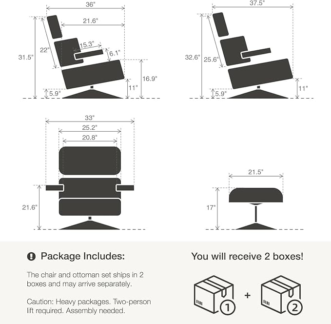 Top Grain Leather, Mid Century Chaise Lounge Chair and Ottoman, Modern Chair Classic Design, Heavy Duty Base Support for Living Room Study Lounge Office, Palisander-White