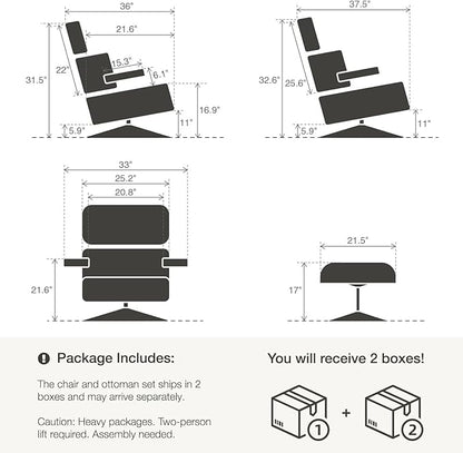 Top Grain Leather, Mid Century Chaise Lounge Chair and Ottoman, Modern Chair Classic Design, Heavy Duty Base Support for Living Room Study Lounge Office, Walnut-Brown