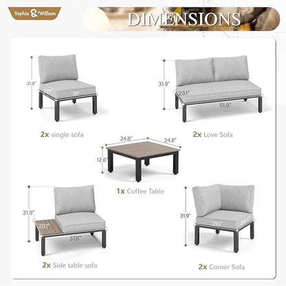 Sophia & William 9PCS Patio Furniture Set, Metal Outdoor Sectional Sofa Patio Conversation Set-2 Single Sofa with Side Table, 4 Single Couch, 2 Loveseat, 1 Tea Table