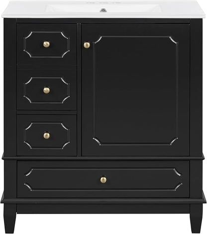 Bathroom Vanity with Ceramic Sink 30 inch, Multi-Functional Storage Cabinet with Drawers and Door Shelf, Solid Wood Frame, Soft-Closing Door, Black