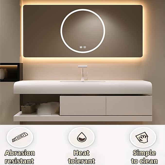 60IN Bathroom Vanity with Sink - Bathroom Cabinet Set has 2 Drawers & Overflow Hole Wall Mounted | LED Practical Defogging Mirror, Open Compartments, Seamless Rock Slab Basin (Khaki)