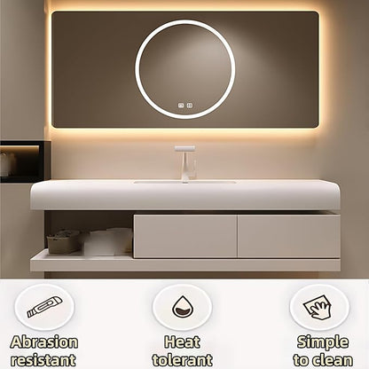 64IN Bathroom Vanity with Sink - Bathroom Cabinet Set has 2 Drawers & Overflow Hole Wall Mounted | LED Practical Defogging Mirror, Open Compartments, Seamless Rock Slab Basin (Cream White)