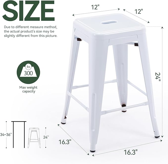 Vogue Furniture Direct 24" High Bar Stools Backless White Metal Barstools Indoor-Outdoor Counter Height Stools with Square Seat, Set of 2 - VF1571004