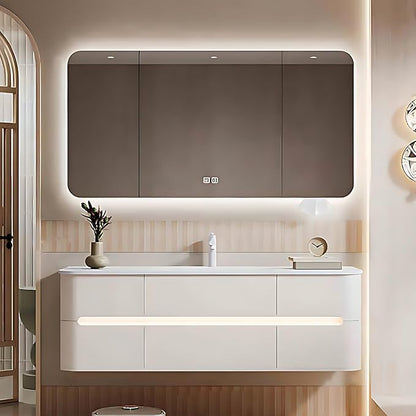 52IN Bathroom Vanity - Bathroom Vanity with Sink with Intelligent Induction Light | Wall-Mounted Bathroom Vanity with Intelligent LED Mirror Cabinet & 6 Drawers, Cream Color