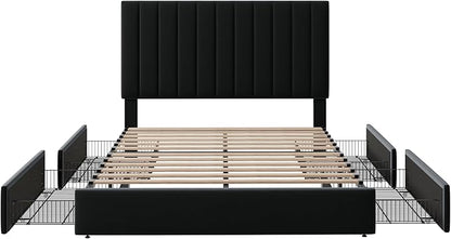 Allewie Full Size Storage Bed Frame, Vertical Channel Tufted Adjustable Headboard, Velvet Upholstered Platform Bed with 4 Oversized Underbed Drawers, Wooden Slats Support, No Box Spring Needed, Black