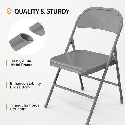 VINGLI Folding Chairs All Steel Metal Frame, Capacity 350 lbs, Durable Portable and Versatile for Indoor Outdoor Use, Gray, Set of 4
