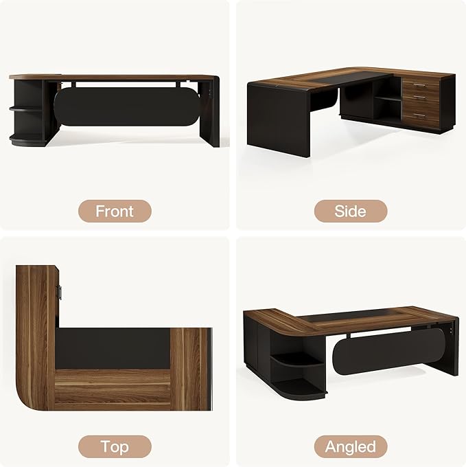 Tribesigns 81-Inch L-Shaped Office Desk, Large Commercial Office Desk with Drawers and File Cabinet, Modern Professional Business Furniture Workstations with Storage Shelves, Brown & Black