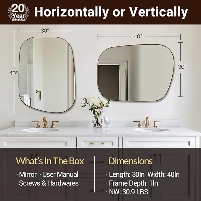 ANDY STAR 30"x40" Asymmetrical Wall Mirror，Brushed Gold Irregular Bathroom Mirror with Stainless Steel Metal Frame, Large Wall-Mounted Mirror for Bathroom, Entryway (Horizontal/Vertical)