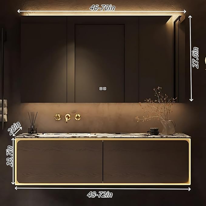 72IN Bathroom Vanity Set with a Single Sink - Embedded Sensor Light Strip & Large Capacity Floating Cabinet | Modern Bathroom Vanities with Defogging Mirror Surface & LED Lighting (Mirror Cabinet)