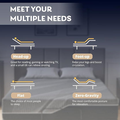 Queen Adjustable Bed Base Frame with Wireless Remote + 14 Inch Queen Gel Memory Foam Mattress Bed in a Box, Head and Foot Incline, Zero Gravity, Fiberglass Free, 80" × 60"