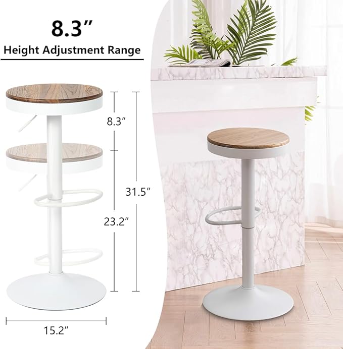 Kidol & Shellder Bar Stools Set of 2 Round Adjustable Swivel Barstools Modern Backless Bar Chairs Wooden Seat Counter Height Stools Armless for Kitchen Island, Cafe, Dining Room White