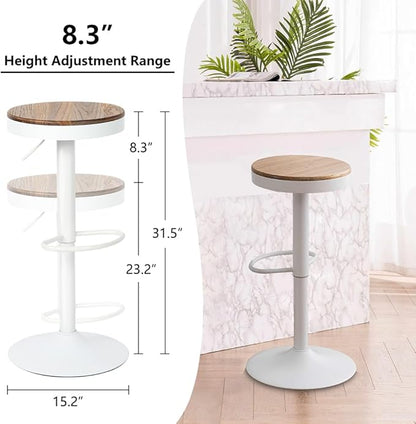 Kidol & Shellder Bar Stools Set of 2 Round Adjustable Swivel Barstools Modern Backless Bar Chairs Wooden Seat Counter Height Stools Armless for Kitchen Island, Cafe, Dining Room White