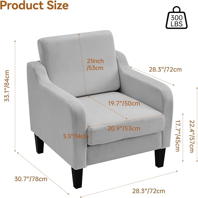 Accent Chair for Living Room, Modern Velvet Living Room Chairs with Wide Backrest, Upholstered Comfy Chair with Cushion, Oversized Sofa Chair with Wood Legs, Single Armchair, Grey