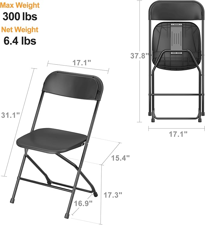 Allpop 4 Pack Plastic Folding Chair, 300lb Capacity, Portable Commercial Chair with Steel Frame for Home Office Wedding Party Indoor Outdoor Events, Stackable, Black