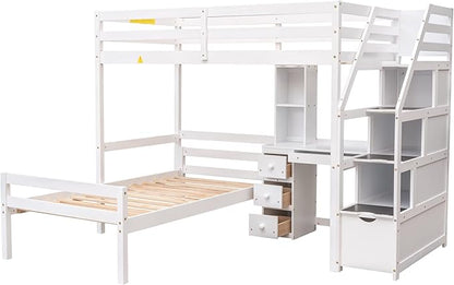 Twin Size Solid Wood Loft Bed with Storage Staircase and Desk, Bedroom Multifunctional Separable Bed Frame w/Shelves & Drawers,No Box Spring Needed,for Adult Kid Boy Girl,White