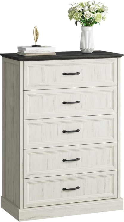 Farmhouse 5 Drawers Dresser for Bedroom, 44" Tall White Dresser Wood Rustic Chest of Drawers with Wide Metal Handle,Natural Texture,Drawer Organizer for Bedroom,Living Room,Hallway and Entryway